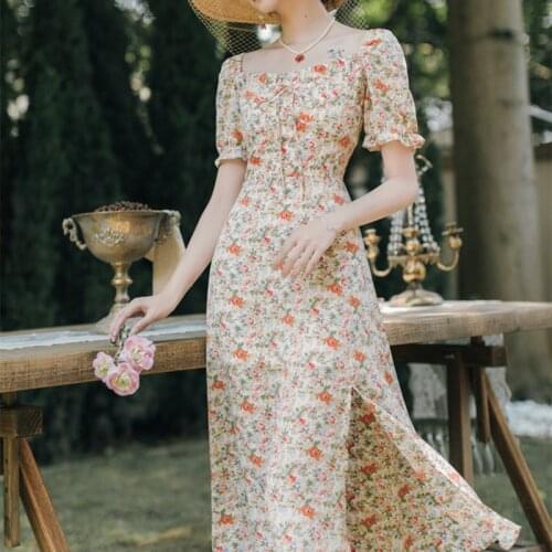 Vintage French Square Neck Dress Women Summer 2021 New Chiffon Short Sleeve Bowknot Lace Sweet and Cute Floral Fairy Dress