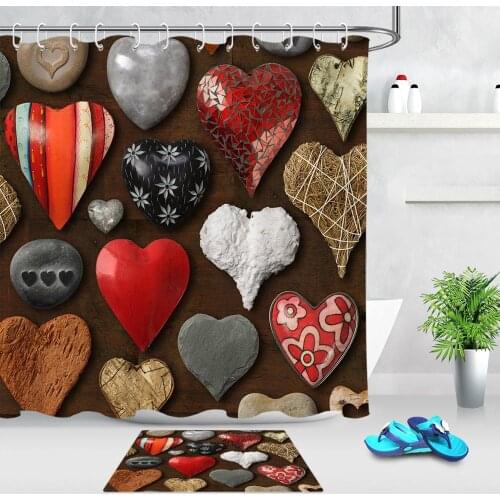 Valentines Day Waterproof Shower Curtain Creative Heart Shaped Metal Wood Bathroom Curtain Polyester Fabric Bath Curtains