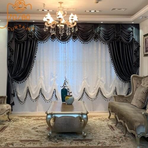 High-end European Style Flannel Lace Stitching Blackout Curtains for Living Room and Bedroom Custom Finished Gauze Curtains
