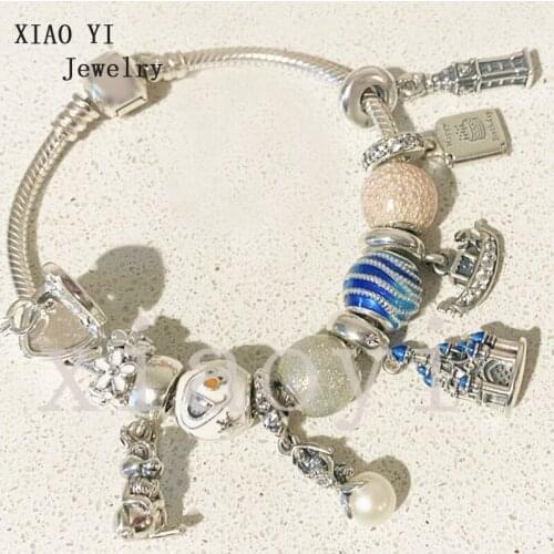 XIAOYI 2020 New 100% S925 Amusement park series rabbit Castle fish Boat Bell Tower cake card glazed bracelet fine jewelry female