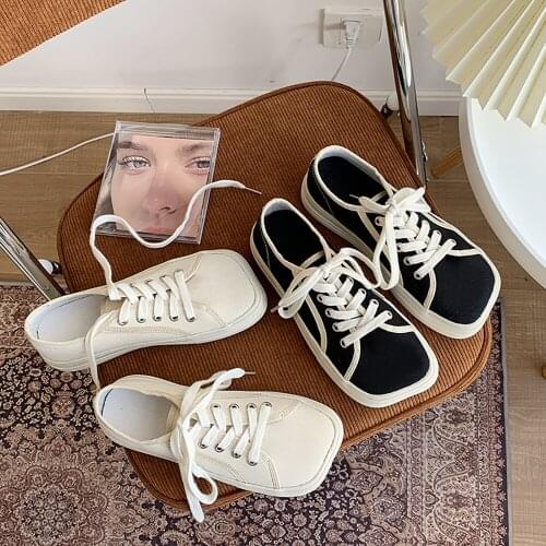 2021 spring new ladies square head low cut Hong Kong style canvas shoes net red tide shoes all-match flat casual shoes