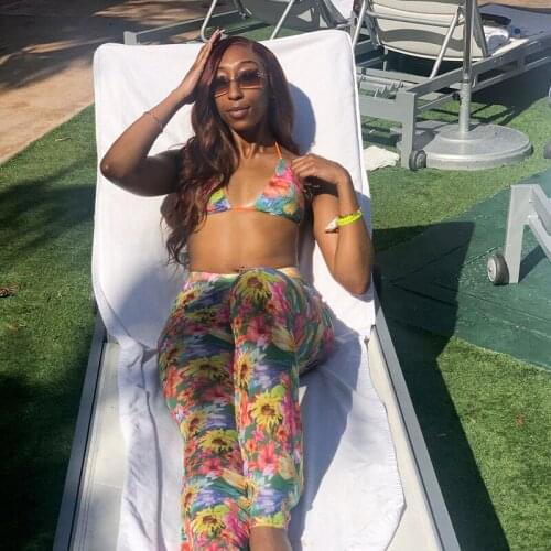 2 Pieces Suit Set Women s Floral Print Strappy Halter Bra Bikini Tops+High waist Flared Long Trousers for Summer, S/M/L