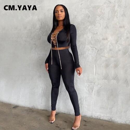 CM.YAYA Sexy Club Party Sweatsuit Womens Set Chain Lace Up Crop Top Legging Pants Set Active Tracksuit Two Piece Fitness Outfit