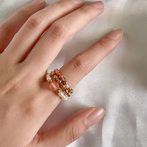 Bohemian Multicolor Zircon Beaded Rings for Women Freshwater Pearl Natural Stone Ring Wedding Party Gift Stainless Steel Jewelry