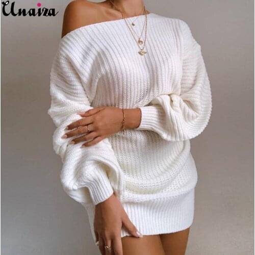 UNAIZA Women 2020 Dress Autumn And Winter Casual Off-Shoulder Lantern Sleeve Knitted Sweater Dress Sloping Shoulder Casual Dress