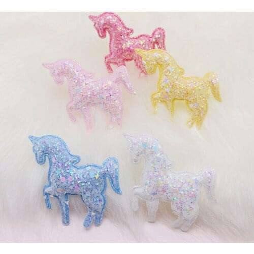 30Pcs/LOT 6*5.5CM Shiny colorful Unicorn Padded Appliques For DIY Handmade Children Hair Clip Accessories Patches