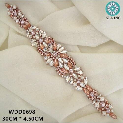 30PCS )Wholesale hand beaded sewing bridal sash rose gold rhinestone appliques iron on for wedding dresses WDD0698