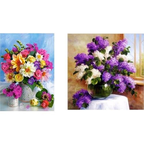 2 Set Full 5D Diy Diamond Painting Cross Stitch 3D Diamond Embroidery Rhinestone Paintings "Purple Flower"& "FLOWER"