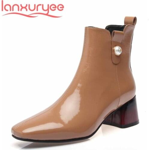 Lanxuryee large size Chelsea boots split leather concise all-match square toe thick med heel zipper beauty lady ankle boots L4f6