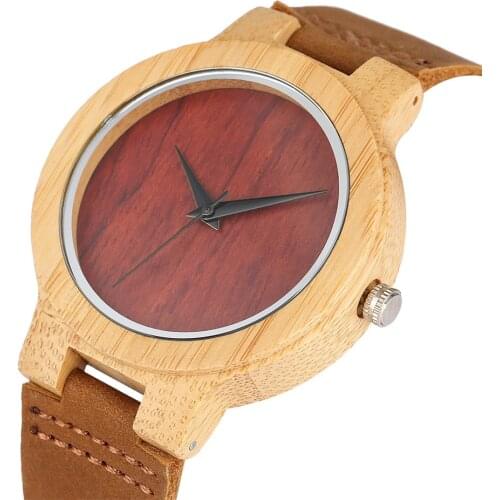 Charming Red Wood Men Watch Brown Genuine Leather Mens Watches Quartz Timepiece Bamboo Wooden Timepiece Gifts for Male Female