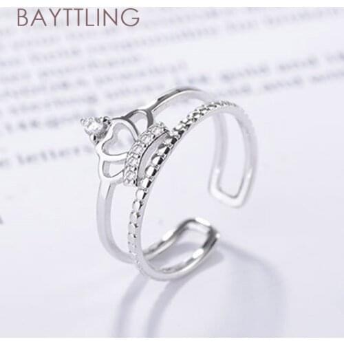 BAYTTLING Hot Selling 925 Sterling Silver Shiny Double Crown Zircon Open Ring For Woman Charm Wedding Jewelry Gift
