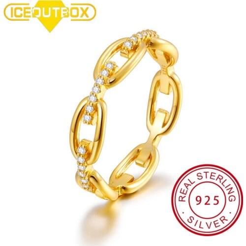 ICEOUTBOX 925 Sterling Silver Chain Rings for Women Wedding Jewelry High Quality Ice Out Bling Round Ring Gold Silver Color Gift