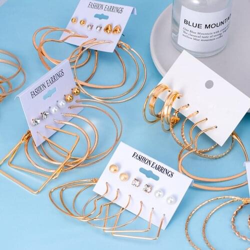 Fashion Big Hoop Drop Womens Earrings Set For Women Metal Gold Silver Round Circle Crystal Stud Earring 2021 Trend New Jewelry