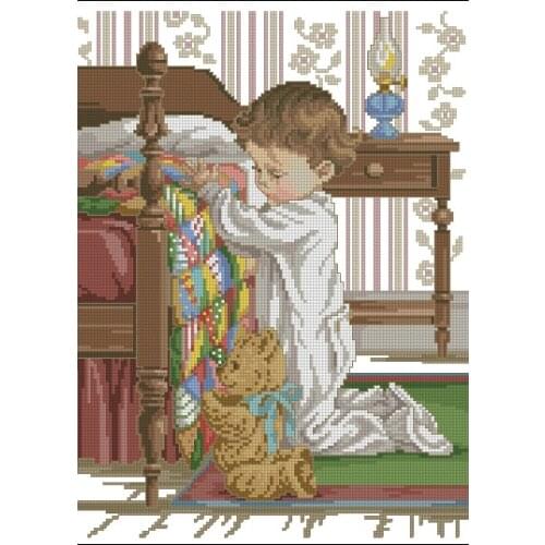 Beautiful Lovely Counted Cross Stitch Kit A Bedtime Prayer Best Friends Friend Baby Boy and Teddy Bear At Bed Bedroom 04651