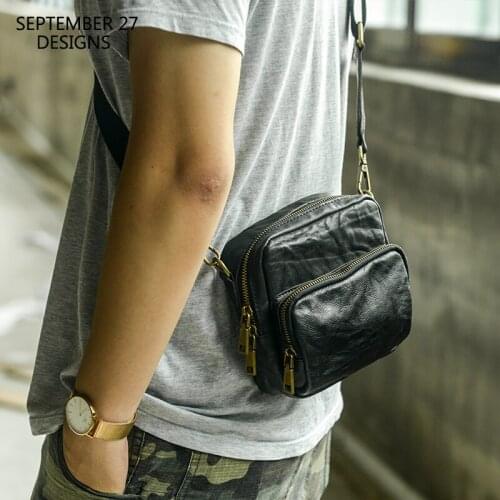 New Fashion Men Mini Satchels Genuine Leather Luxury Handmade Male Simple Waist Bag Small Cell Phone Crossbody Shoulder Bags