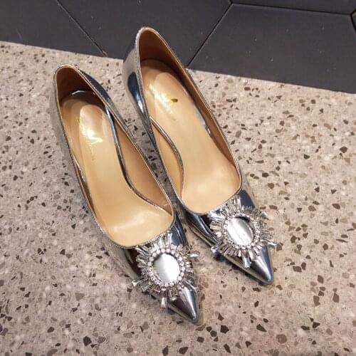 New style fashion women pumps silver patent leather strass Rhinestone Point toe high heels bride wedding shoes