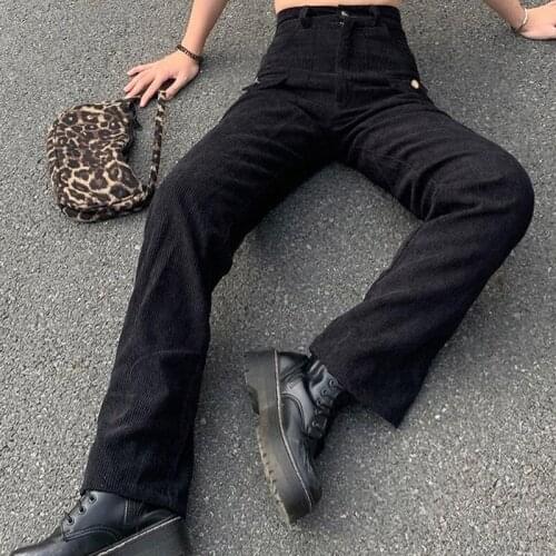 Solid Color High Waist Corduroy Pants Vintage Style Fashion Flap Pocket Straight Trousers Women Wild Casual Daily Bottoms