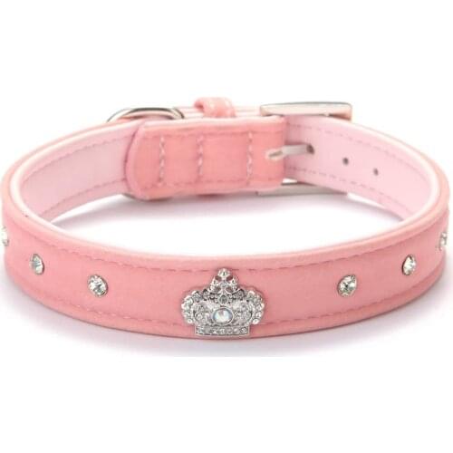 Cat Collar Pink Soft Velvet Cute Designer Rhinestone Dog Collars with Diamond Crown for Puppy Pet