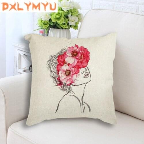 Seat Cushion Abstract Girl Flower Plant Body Art Printed Decorative Cushion Nordic Linen Cushion Throw Pillow for Sofa Car Decor