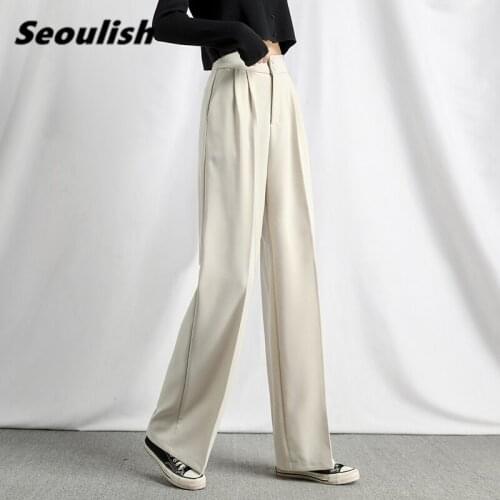 Seoulish 2021 New Formal Womens Wide Leg Pants Spring Summer Casual High Waist Female Workwear Elegant Loose Trouses Spring