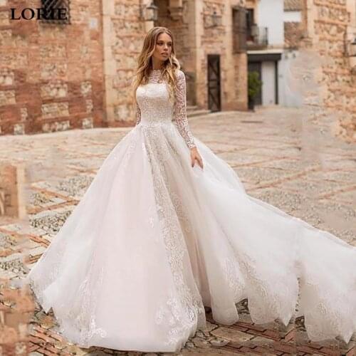 LORIE Princess Wedding Dress A Line Long Sleeve Lace Bridal Dresses Vestidos de novia Boho Wedding Gown With Romantic Buttons