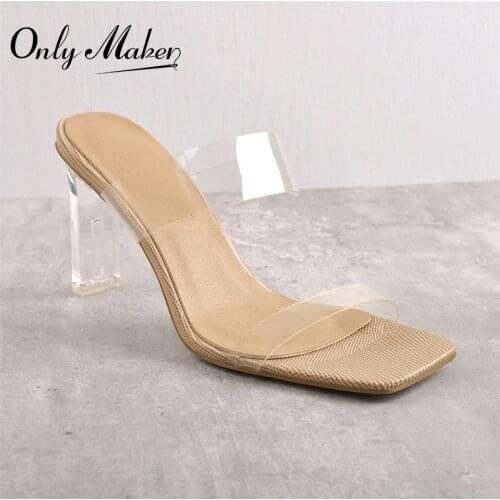 Onlymaker Summer Slip-On Square Toe Sandals PVC Band Clear Square Heels Slippers For Women Casual Comfortable