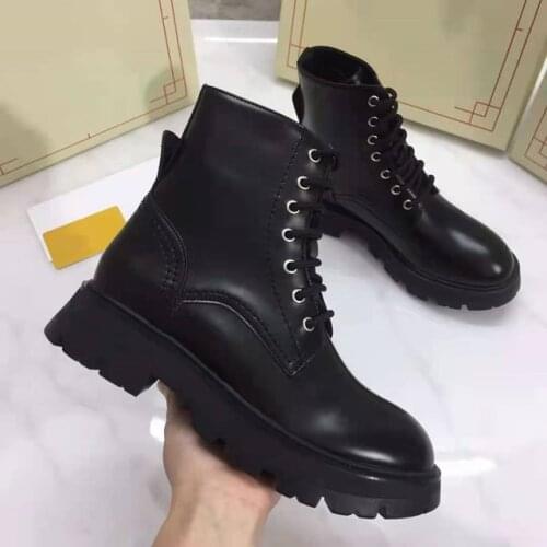 Women Ankle Boots Solid Luxury Genuine Leather Platform Sewing Round Toe Motorcycle Booties Brand Designer Lace Up Womens Shoes