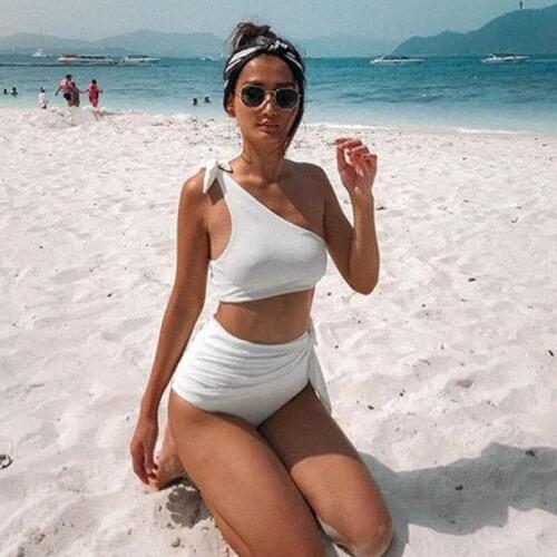 Women Solid Biding Bikinis One Shoulder Tie Backless Swimsuit Beach High Waist Tankinis Female Halte Bathing Suit Bequini