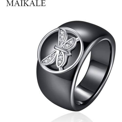 MAIKALE Fashion Design Black White Ceramic Ring Round Butterfly Big Wide Zirconia Rings for Women Jewelry Girls Gifts Halloween