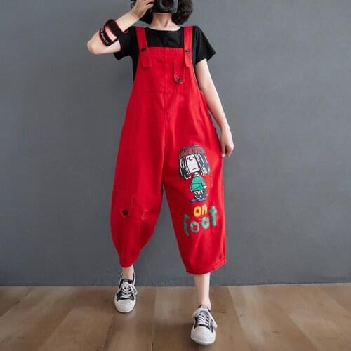 2021 Spring Women Clothing Cartoon Print Hole Denim Overall Pants Loose Straight Leg Jumpsuit Black Red