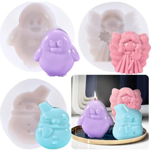 3D Christmas Snowman Candle Mold Standing Angel Penguin Aromatherapy Plaster Handmade Soap Mold DIY Jelly Cake Molds Decoration