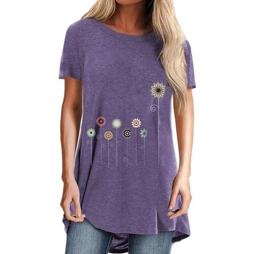5xl Plus Size Purple Shirts For Ladies 2021 Clothes Fashion Womens O-neck Floral Print Casual Shirt Short Sleeves Blouse Top