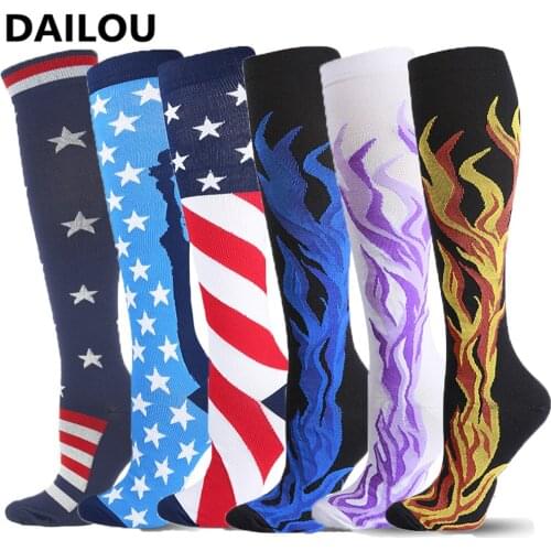 New Stretch Compression Stockings Outdoor Sport Flame/Flag/Pentagram Nylon Leg Support Relieve Muscle Fatigue Women Men Socks