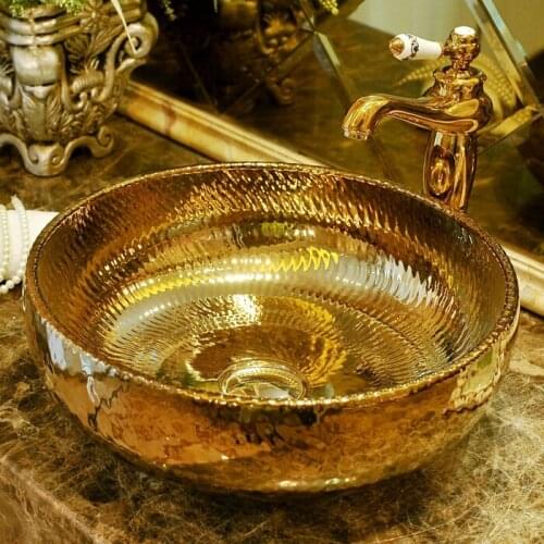 Jingdezhen factory directly art hand painted ceramic basin lavabo bowl round golden