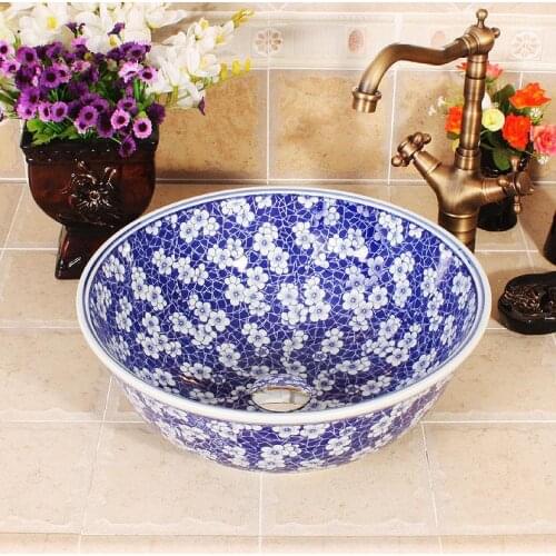 China Artistic Handmade Ceramic Lavobo Round Countertop blue and white table top basin bathroom sink
