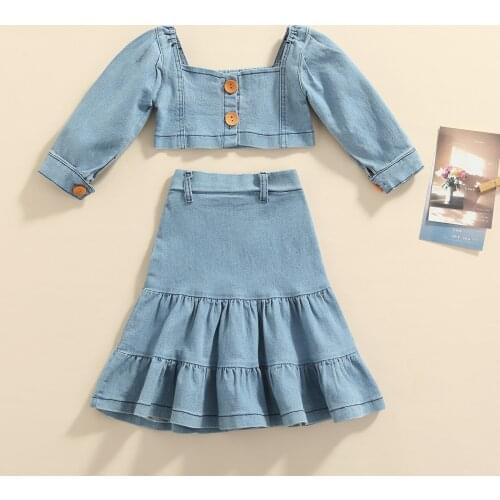 1-6YearsGirls 2pcs Clothes Sets Solid Denim Off Shoulder Long Puff Sleeve T Shirts+Ruffles A-Line Skirt