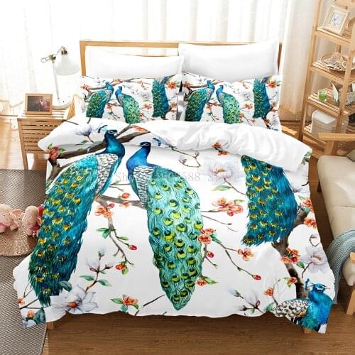 3D Colorful Peacock Feather Bedding Set Winter Solstice Large Soft Twin Elephant Duvet Cover Luxury Textile Pillow Case Cartoon