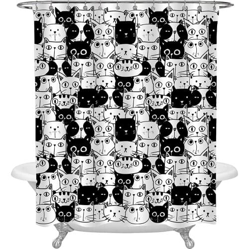 Cartoon Animals Art Deco for Bathroom Cute Hand Drawn Doodle Cats Black and White Shower Curtain