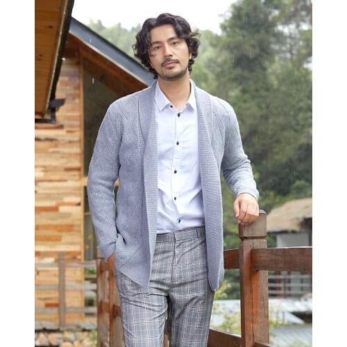 Zhili Men Shawl Collar Open Front Knit Tops Winter Wool Cardigan