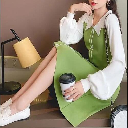 2021 autumn dress womens polo collar positive sleeve button stitching skirt dress female Korean version