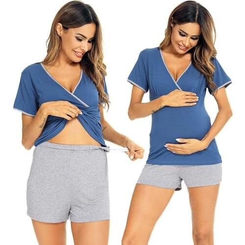 Womens Maternity Nursing Pajamas Shorts Sets Stripe Ultra Soft Pregnancy Breastfeeding Sleepwear Pijama Mujer