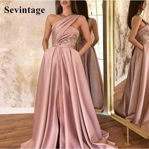 Sevintage One Shoulder Long Prom Dresses Pleats Sexy High Slit Special Occasion Dress 2021 Soft Satin Evening Gowns Custom Made