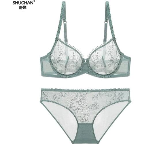 SHUCHAN Ultrathin Lingerie Set Plus Size Bras B C Cup Sexy Lace Bra Set Transparent Women Underwear Black Embroidery 1709