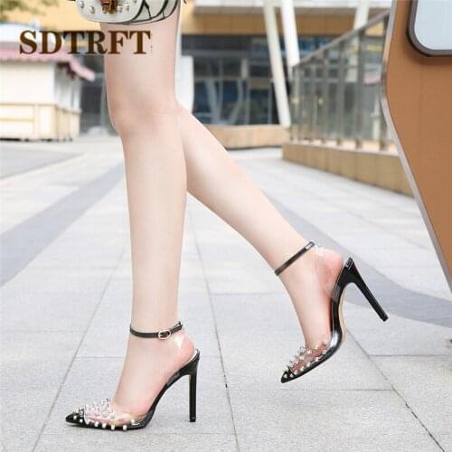 SDTRFT Sliver Rivets Pumps Ladies Gladiator shoes woman 11cm thin heels Nighclub Ankle Strap single wedding Dance PVC Stiletto