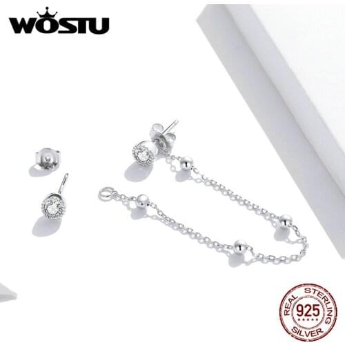 WOSTU Authentic 925 Sterling Silver Fashion Beaded Chain Stud Earrings for Women girls Silver Ear Jewelry Earring BKE1107