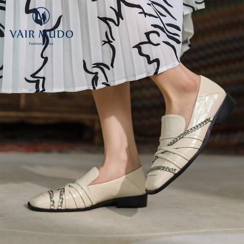 VAIR MUDO Women Pumps Shoes Elegant Loafers Low Heels Round Toe Patent Leather Solid Casual Metal Decoration Fashion D17L