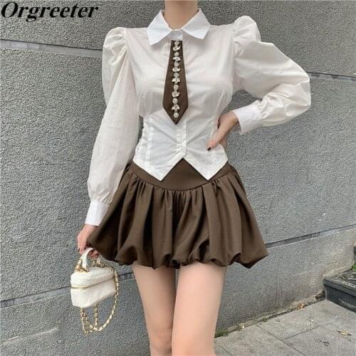 Preppy style Two-piece Set Female Fall High Quality Diamond Tie Puff sleeve Slim White Shirt High waist PleatedTutu Skirt Suits