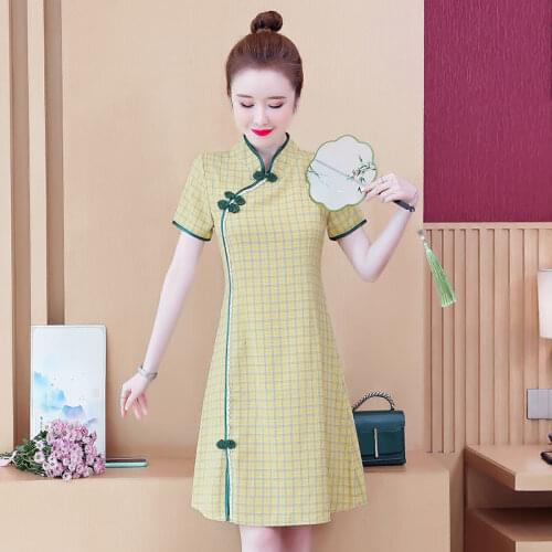 Spring Summer Cotton Traditional Chinese Dress Yellow Plaid Slim Cheongsam Button Standing Collar Elegant Qipao Femme