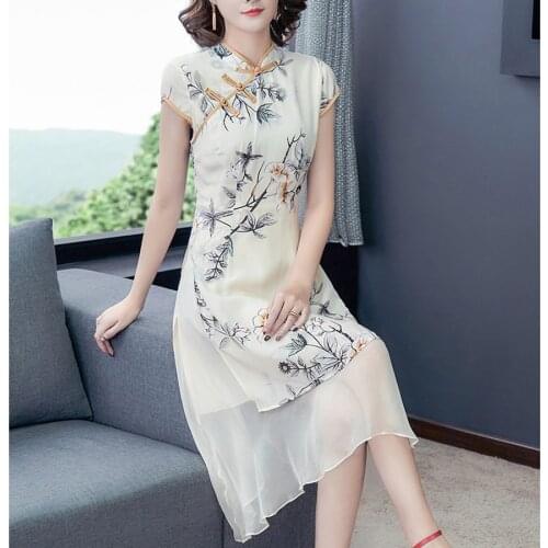 2021 Spring Summer White Mulberry Silk Midi Dress 4XL Plus Size Vintage Print Runway Dress Elegant Women Bodycon Party Vestidos