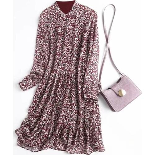 Women Vintage Floral Printed Stand Collar Elegant Dresses 2021 Ladies Fashion Spring Autumn Long Sleeve A-line Dress